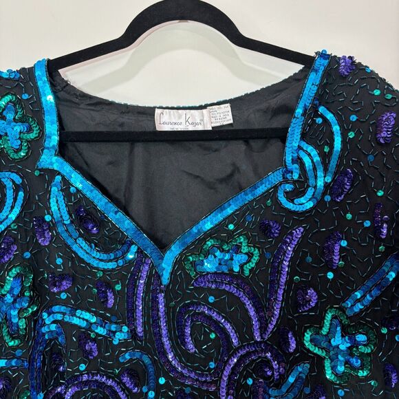 VTG Lawrence Kazar Sequin Top 3X Silk Blue Green Peacock Beads 80s Disco Evening - Picture 6 of 16